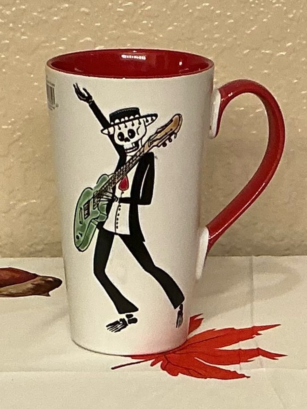 Day of the Dead Etched Skeleton Playing a Guitar Mug.  NWOT